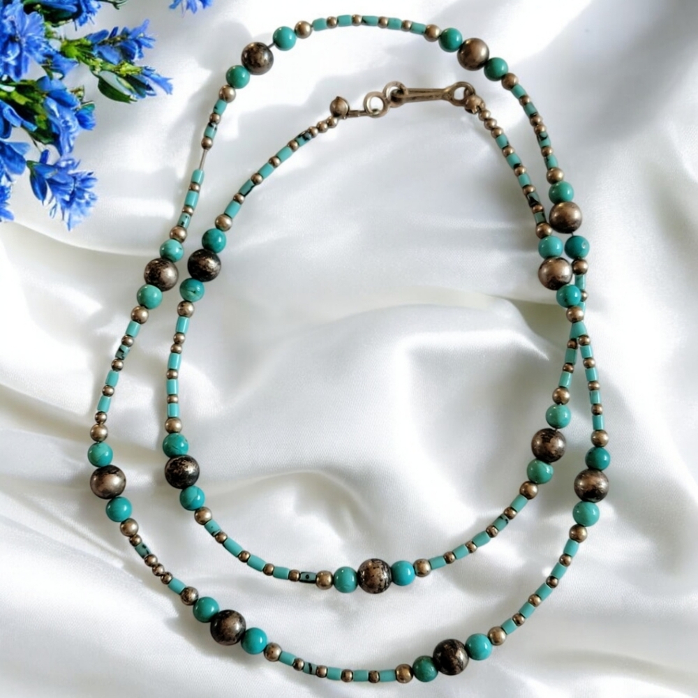 Vtg 60's Turquoise Blue Silver Beaded Necklace